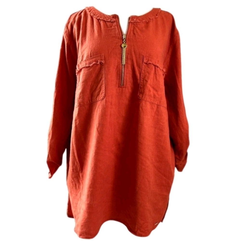 Anne Klein Burnt Orange Linen Tunic Raw Edge Zip Front  Effortless Boho Luxe XL